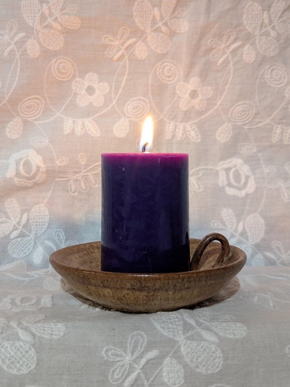 Vintage Pottery Candle Holder with Finger Loop for 2” Pillar Candle